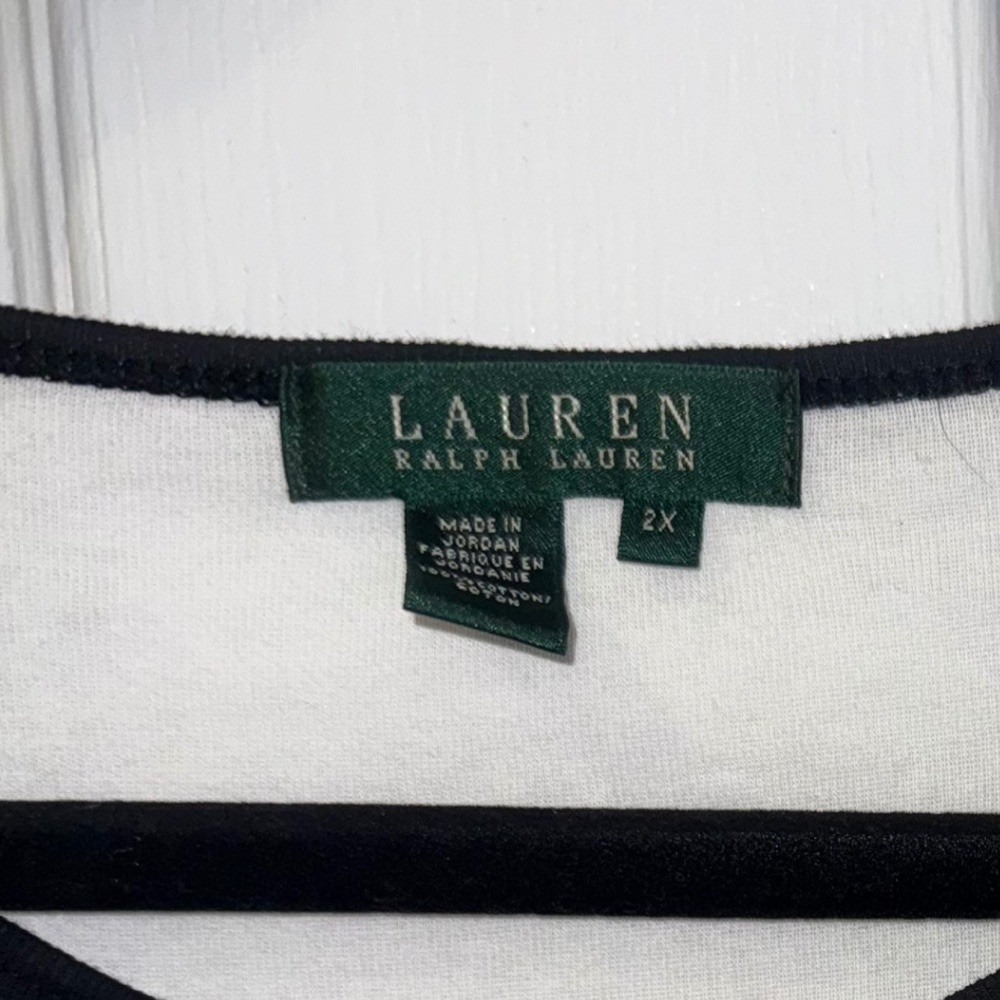 Lauren Ralph Lauren Womens 2x White Black Trim 3/4 Sleeve Henley Pocket Tee Plus - Picture 2 of 6